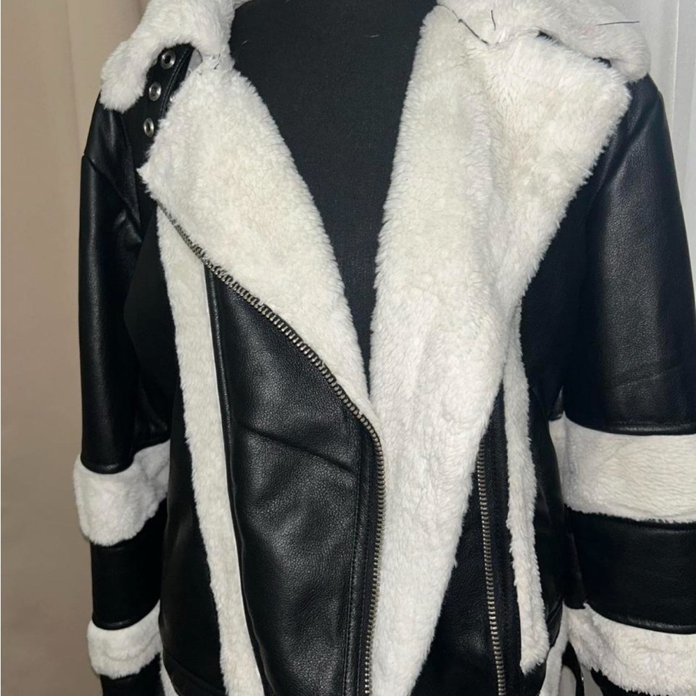 Women's Black and White Shearling Jacket - Picture 2 of 6